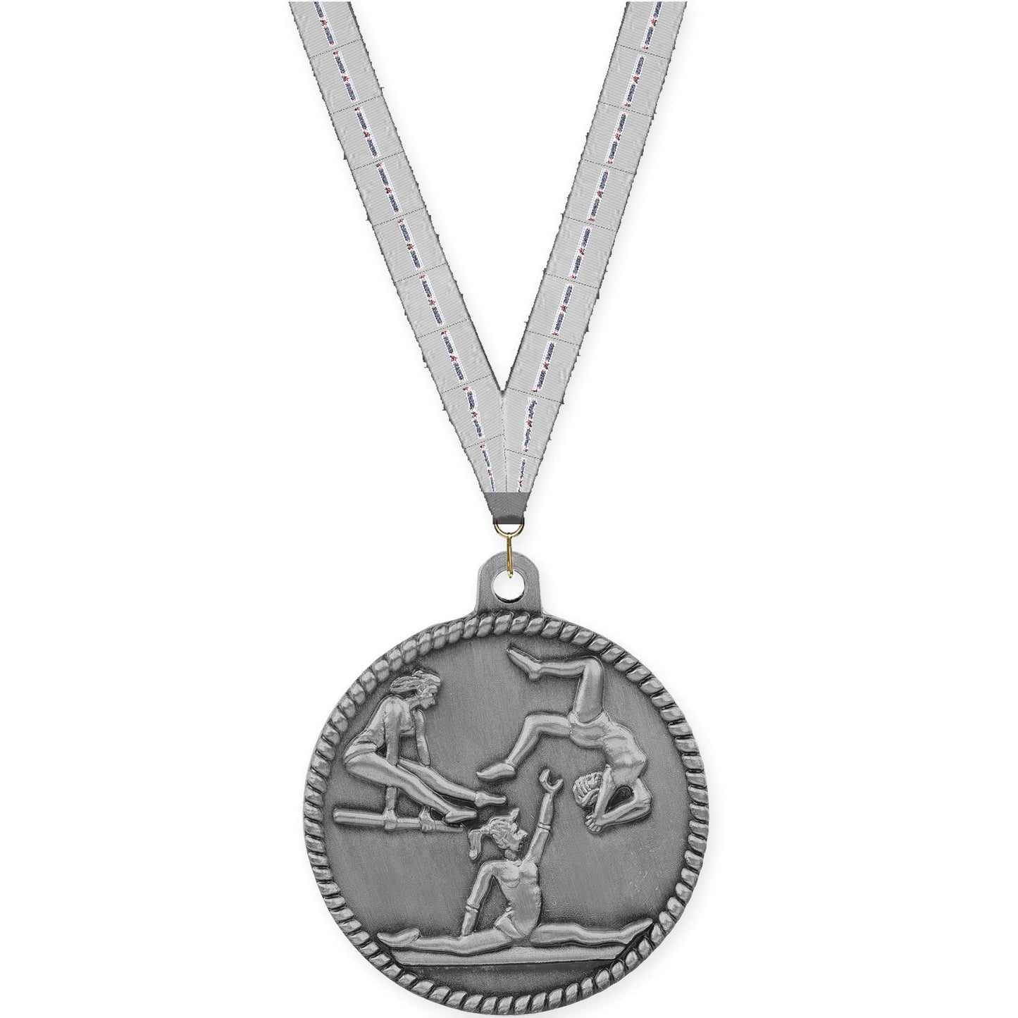2 inch gymnastics High Relief medal in antique silver with Auto Racing neck ribbon