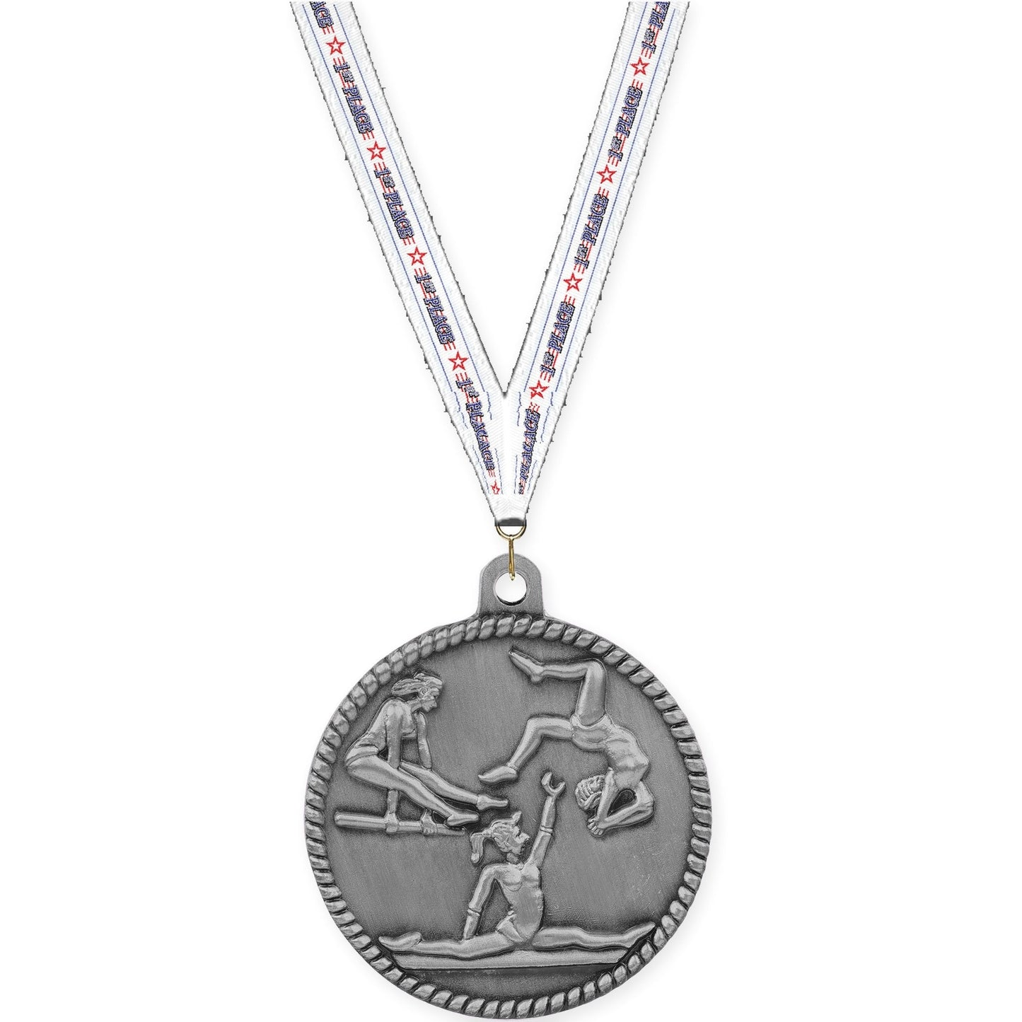 2 inch gymnastics High Relief medal in antique silver with 1st Place neck ribbon