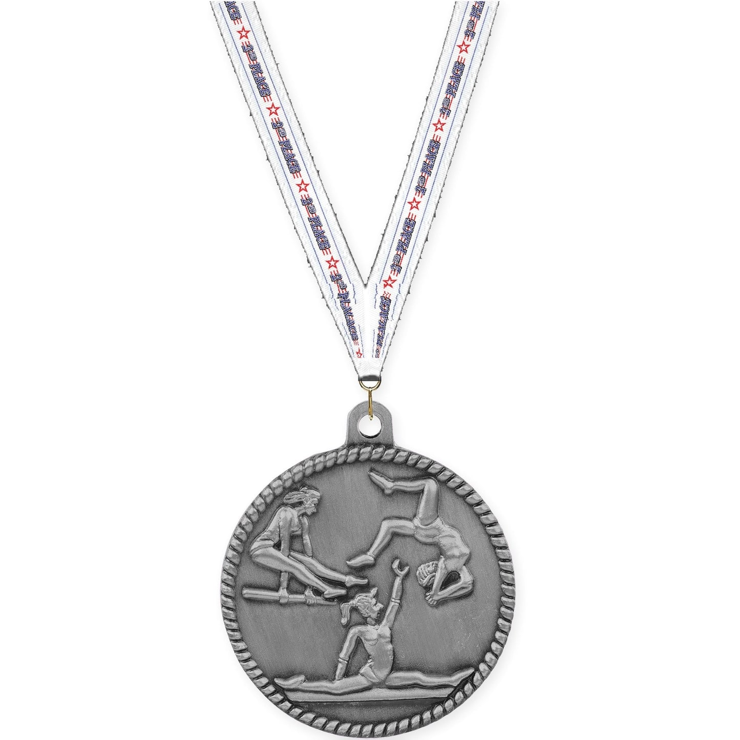 2 inch gymnastics High Relief medal in antique silver with 2nd Place neck ribbon