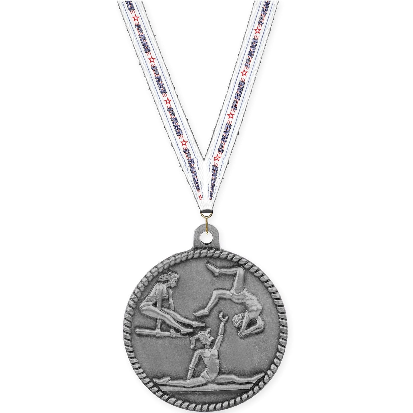 2 inch gymnastics High Relief medal in antique silver with 3rd Place neck ribbon