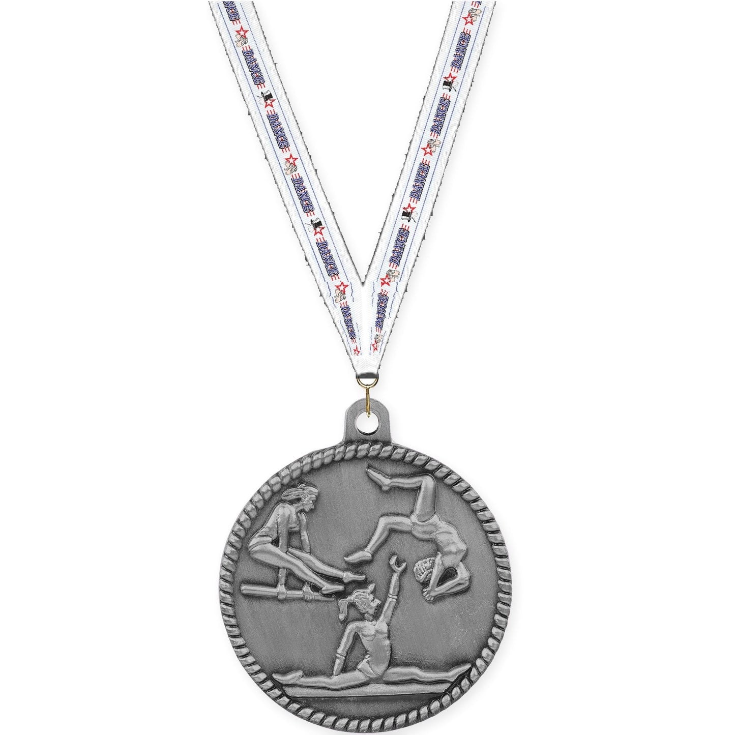 2 inch gymnastics High Relief medal in antique silver with Dance neck ribbon