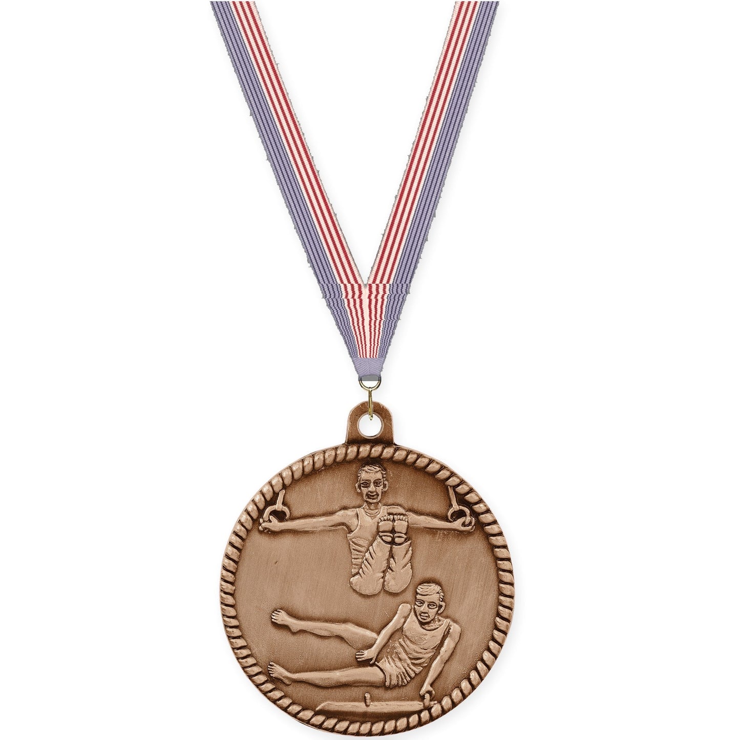 2 inch gymnastics High Relief medal in antique bronze with USA Flag neck ribbon