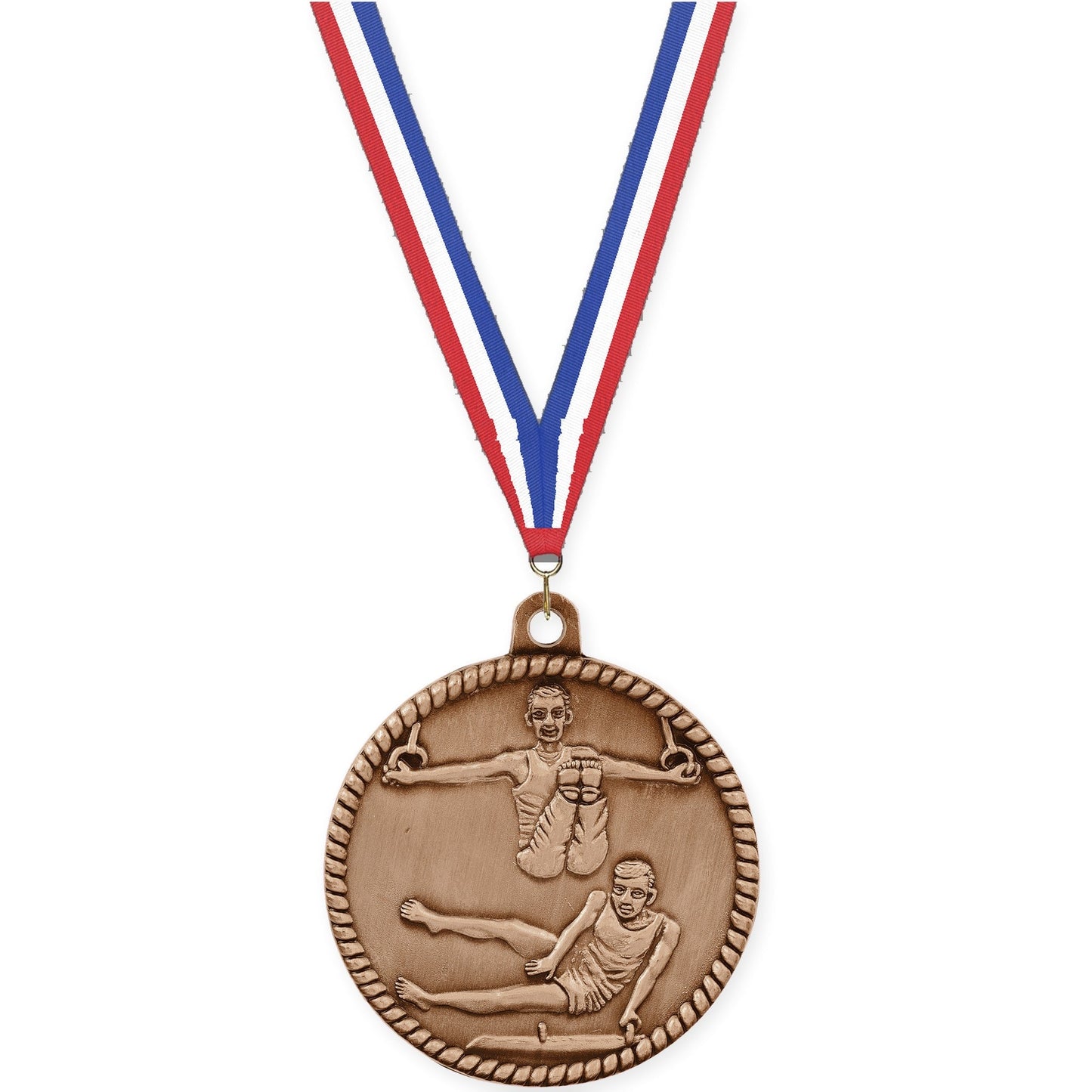2 inch gymnastics High Relief medal in antique bronze with Red White Blue neck ribbon