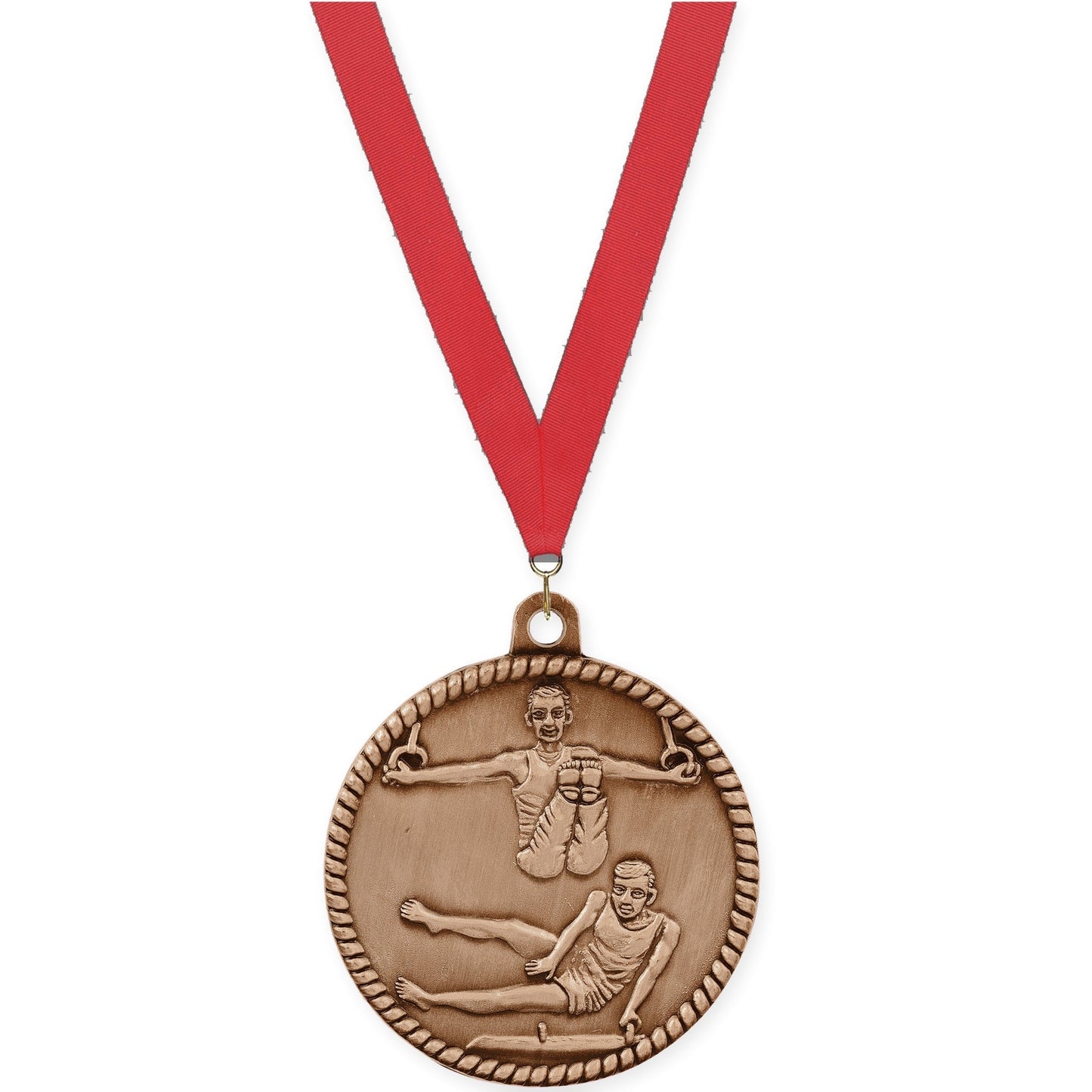 2 inch gymnastics High Relief medal in antique bronze with Red neck ribbon