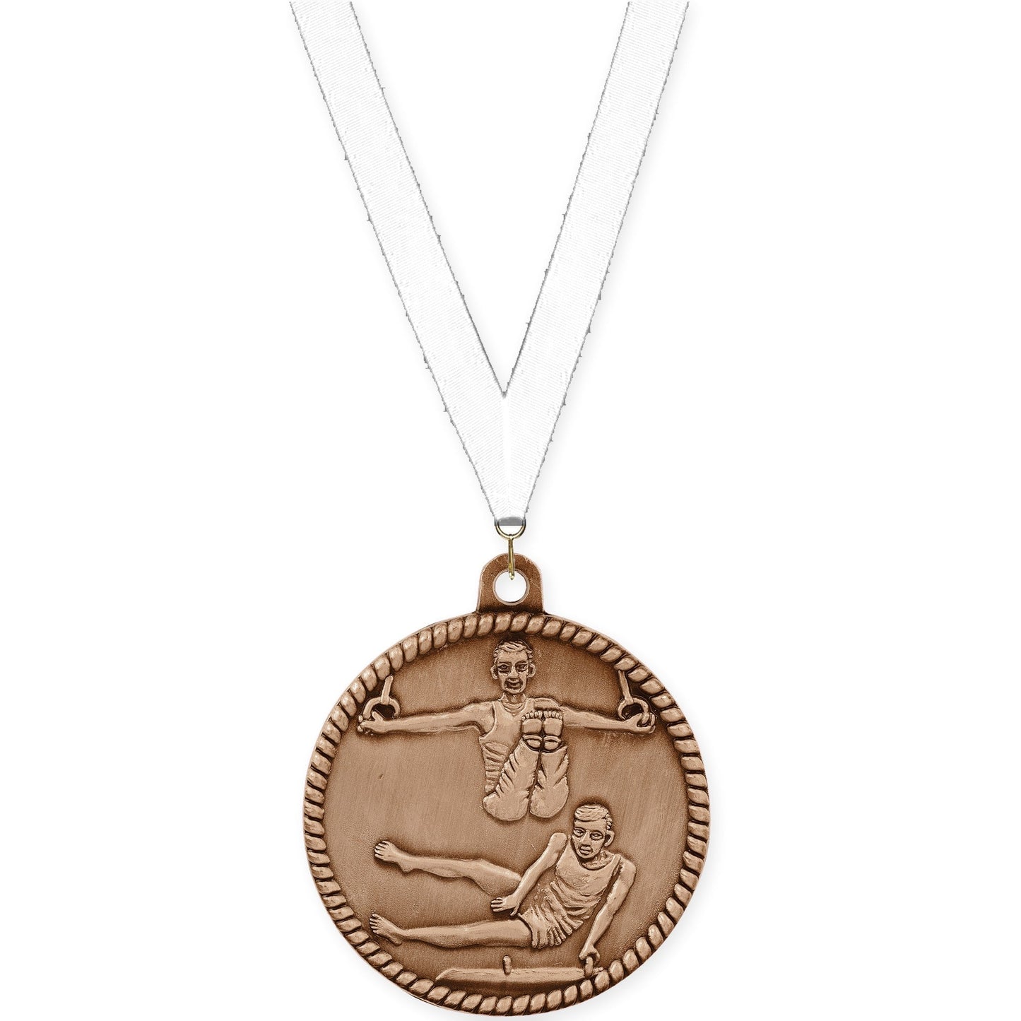 2 inch gymnastics High Relief medal in antique bronze with White neck ribbon