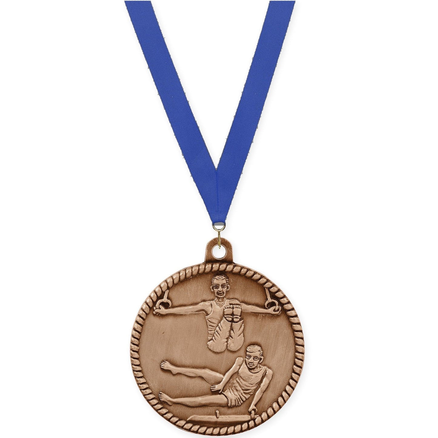 2 inch gymnastics High Relief medal in antique bronze with Blue neck ribbon