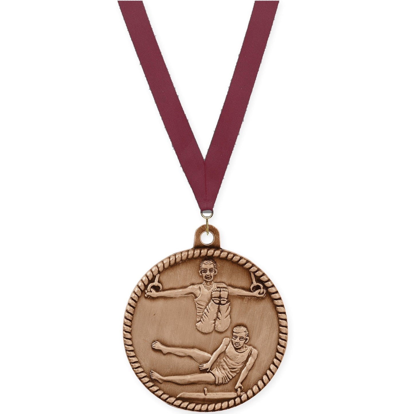 2 inch gymnastics High Relief medal in antique bronze with Maroon neck ribbon