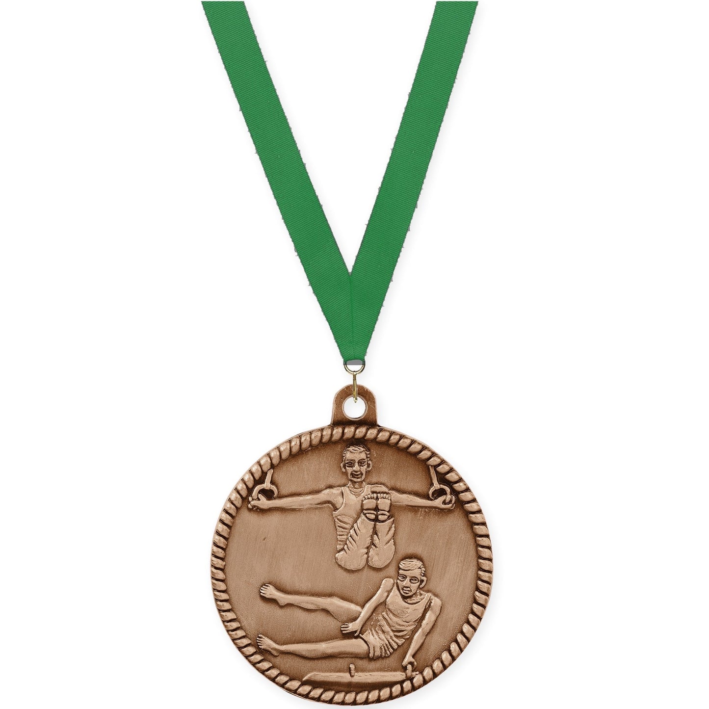 2 inch gymnastics High Relief medal in antique bronze with Green neck ribbon