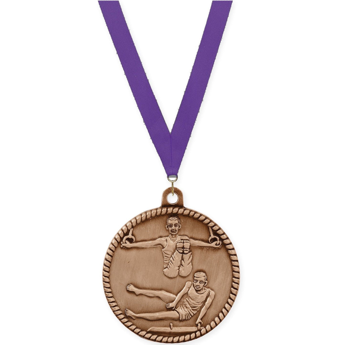 2 inch gymnastics High Relief medal in antique bronze with Purple neck ribbon