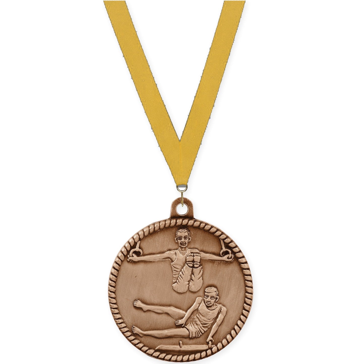 2 inch gymnastics High Relief medal in antique bronze with Gold neck ribbon