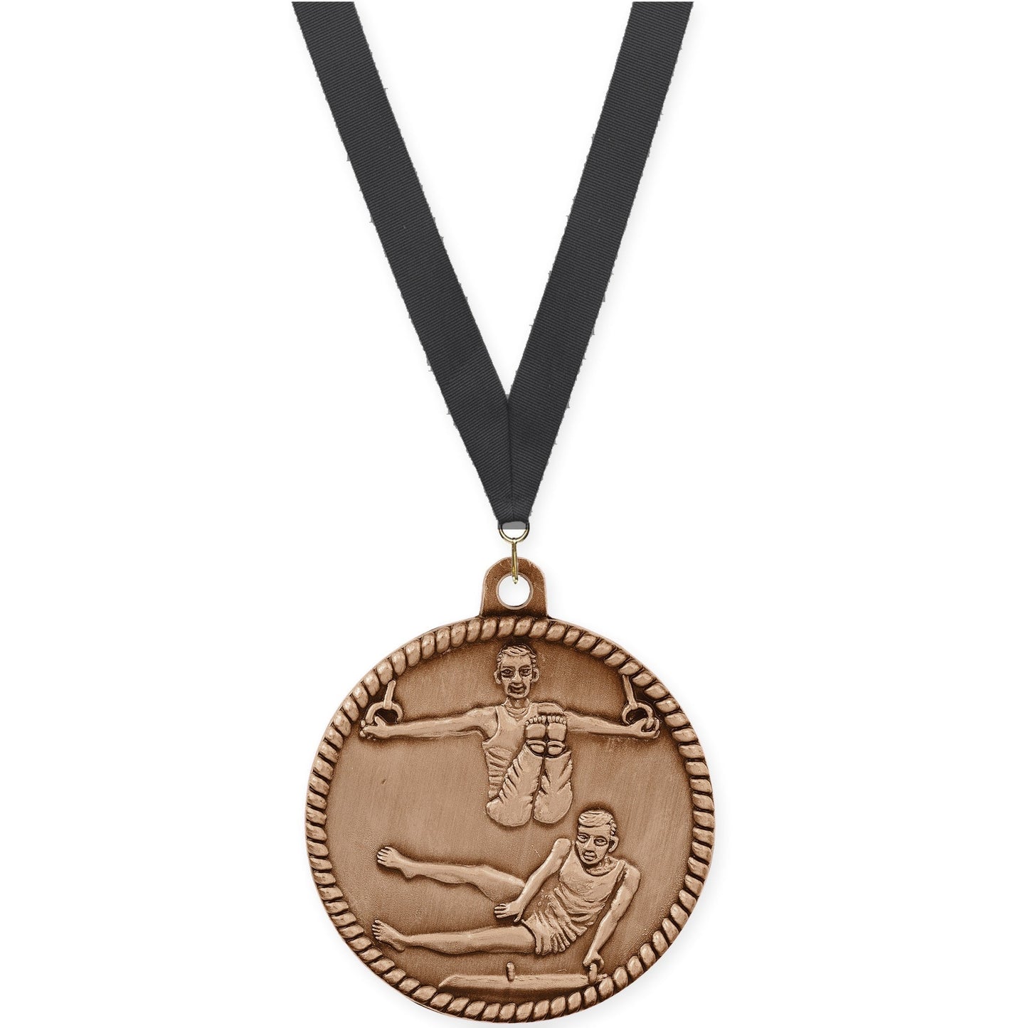 2 inch gymnastics High Relief medal in antique bronze with Black neck ribbon