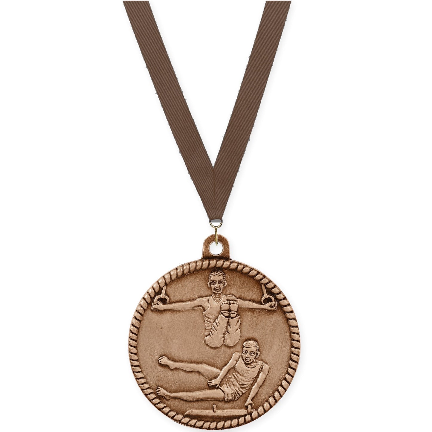 2 inch gymnastics High Relief medal in antique bronze with Brown neck ribbon