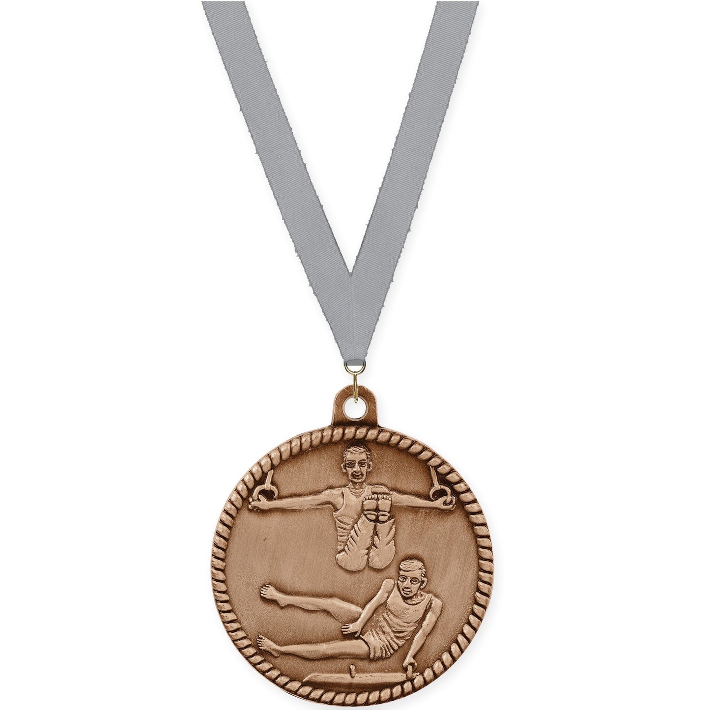2 inch gymnastics High Relief medal in antique bronze with Gray neck ribbon