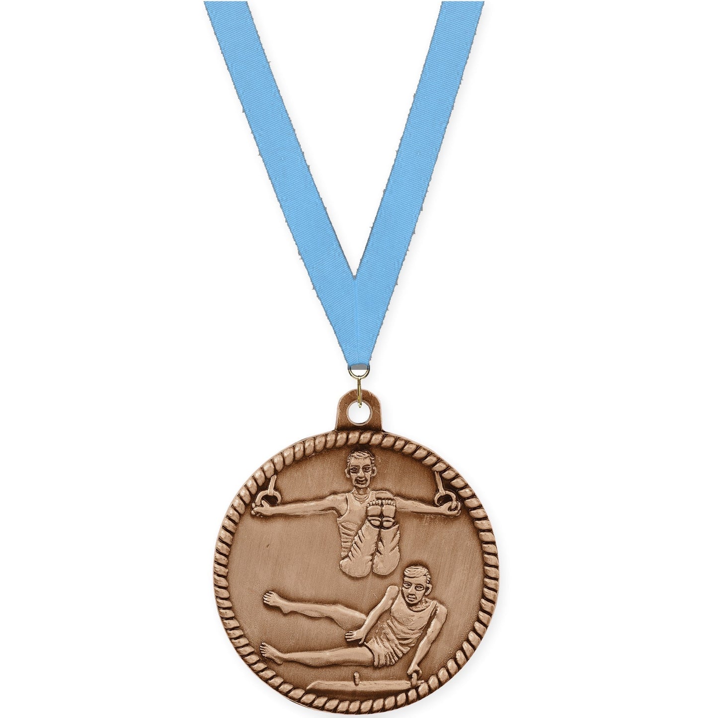2 inch gymnastics High Relief medal in antique bronze with Light Blue neck ribbon