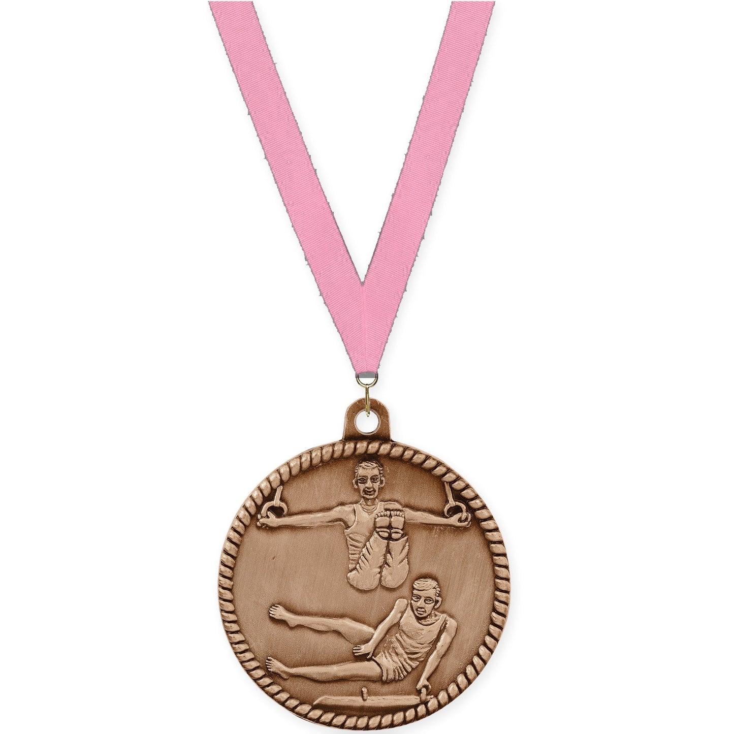 2 inch gymnastics High Relief medal in antique bronze with Pink neck ribbon