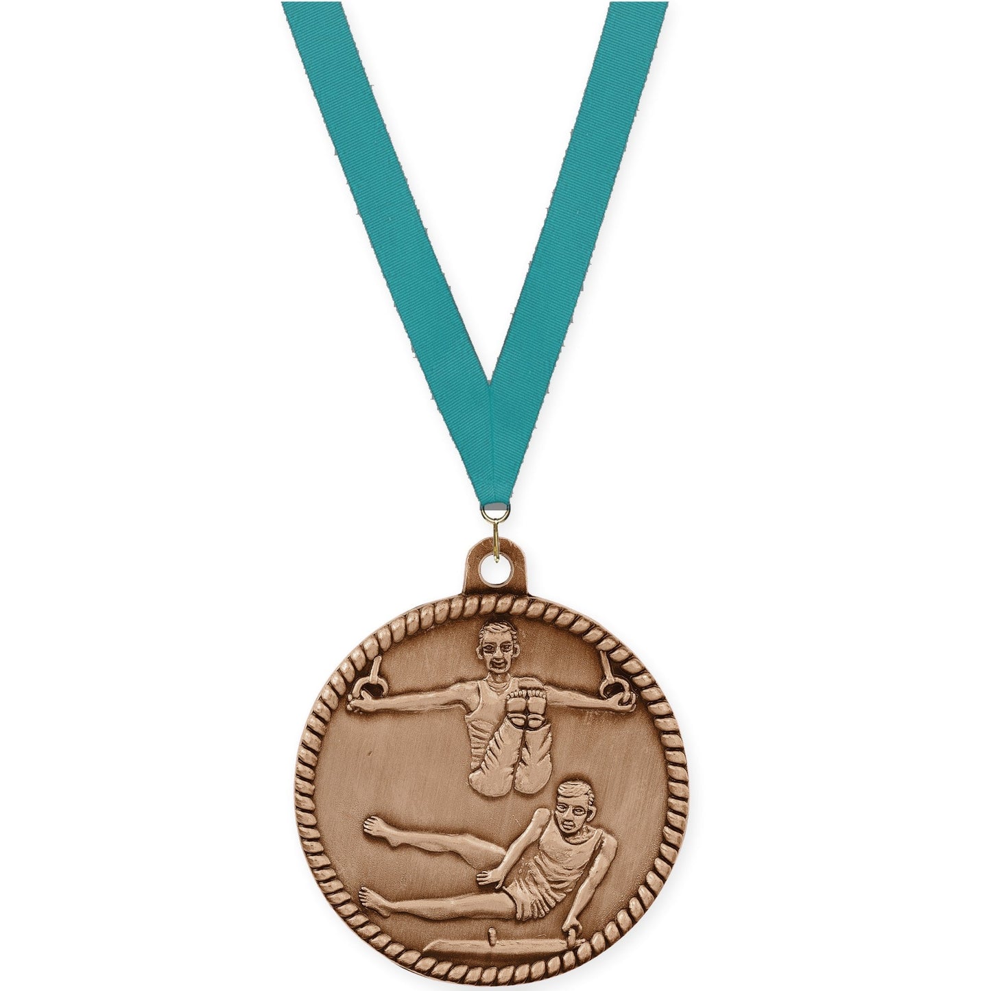 2 inch gymnastics High Relief medal in antique bronze with Teal neck ribbon
