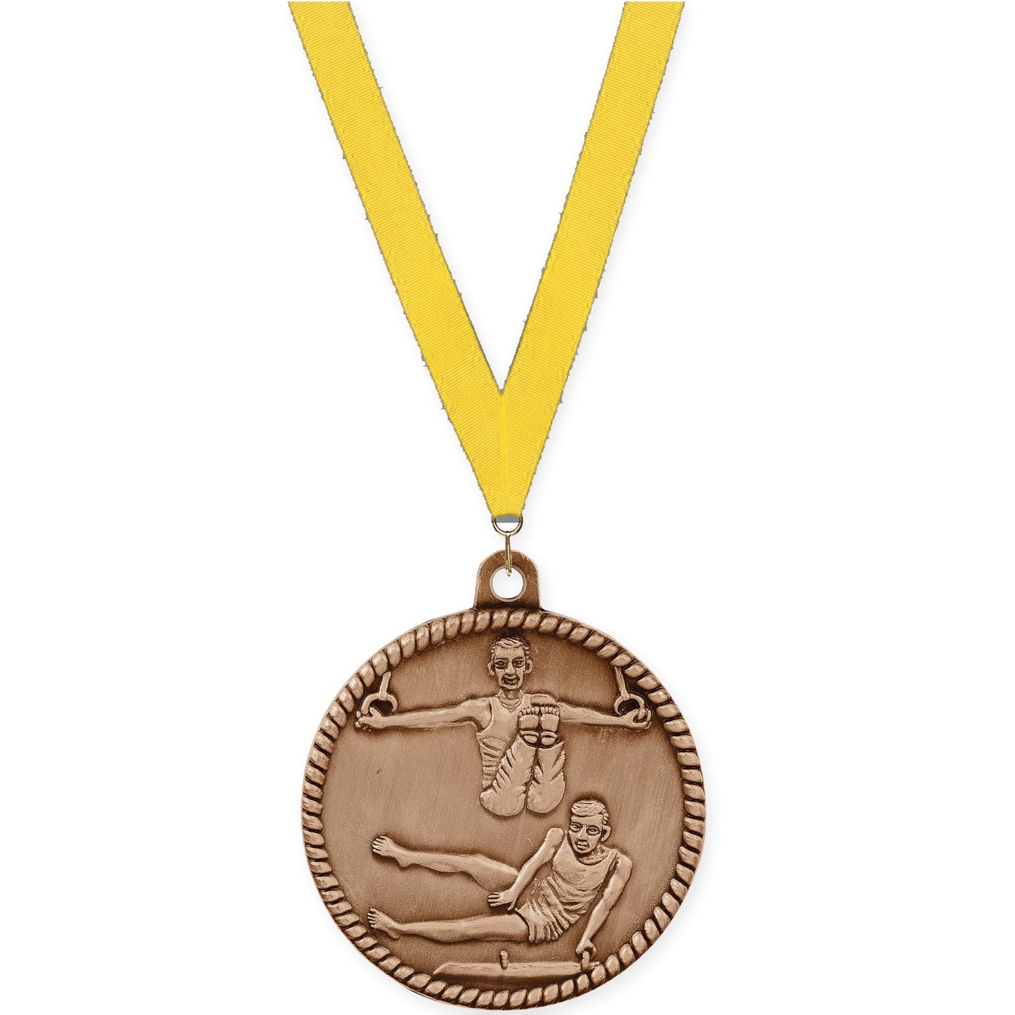 2 inch gymnastics High Relief medal in antique bronze with Yellow neck ribbon