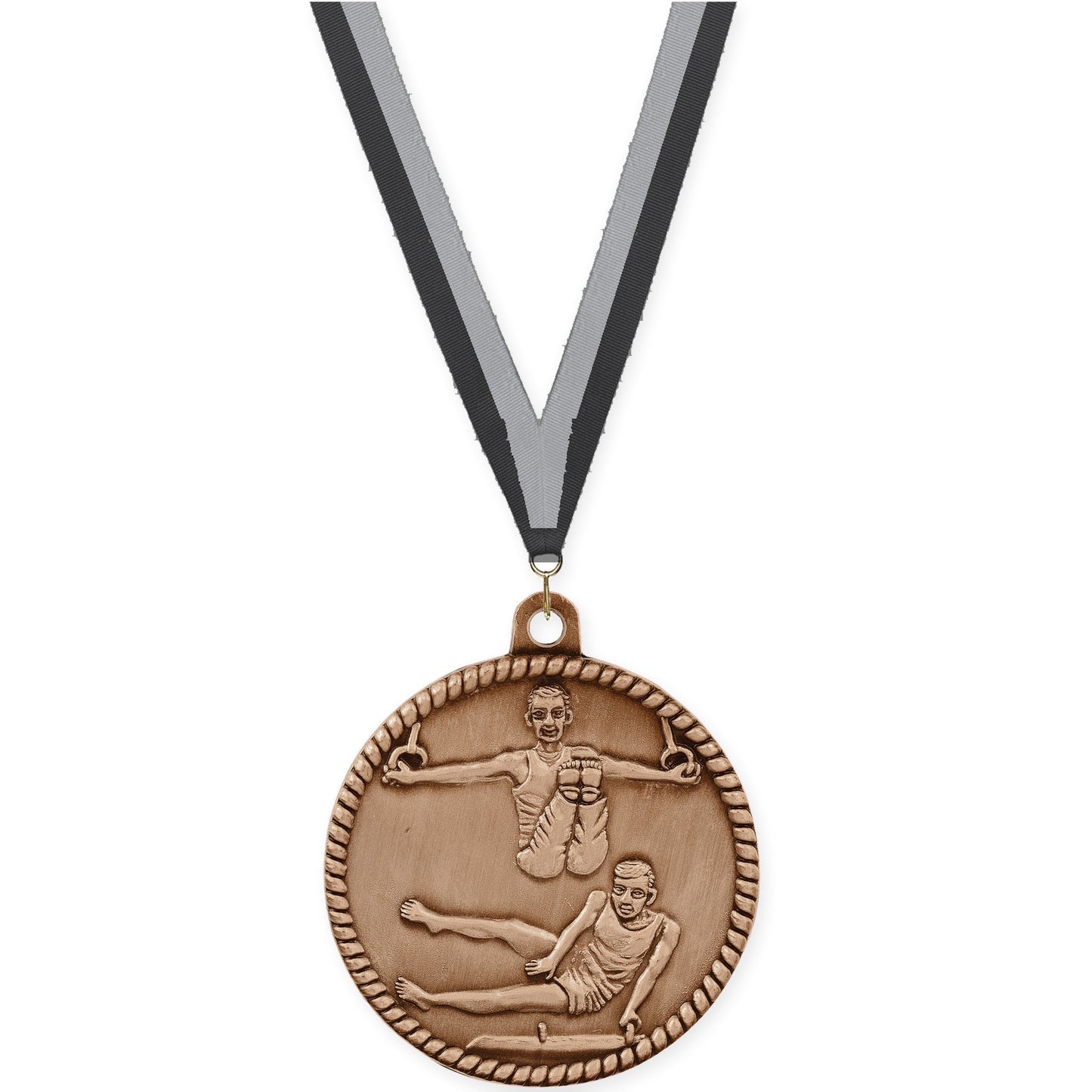 2 inch gymnastics High Relief medal in antique bronze with Black Gray neck ribbon