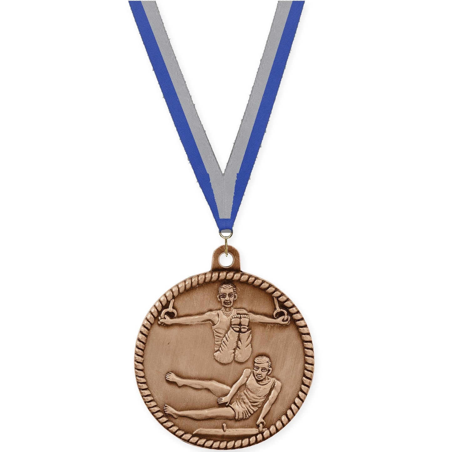 2 inch gymnastics High Relief medal in antique bronze with Blue Gray neck ribbon