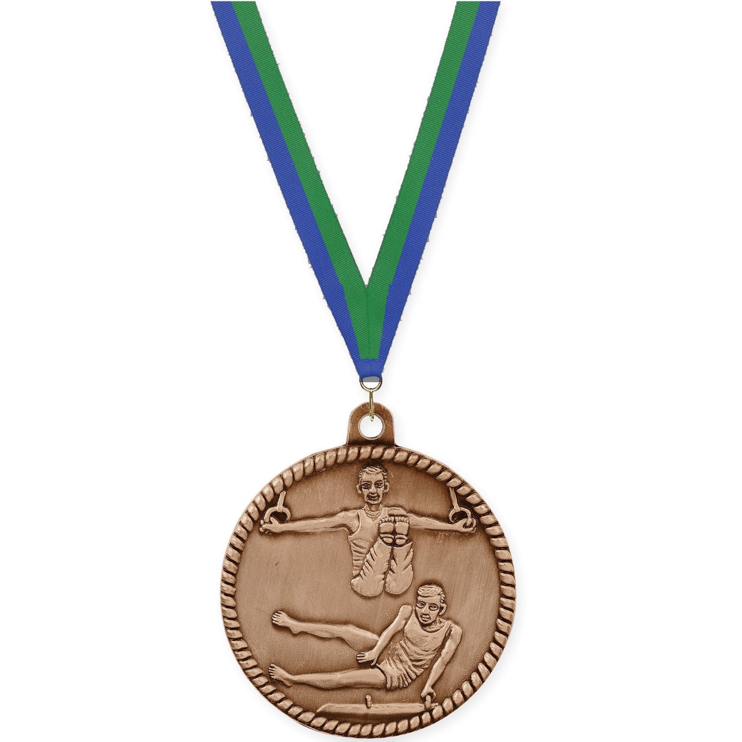 2 inch gymnastics High Relief medal in antique bronze with Blue Green neck ribbon