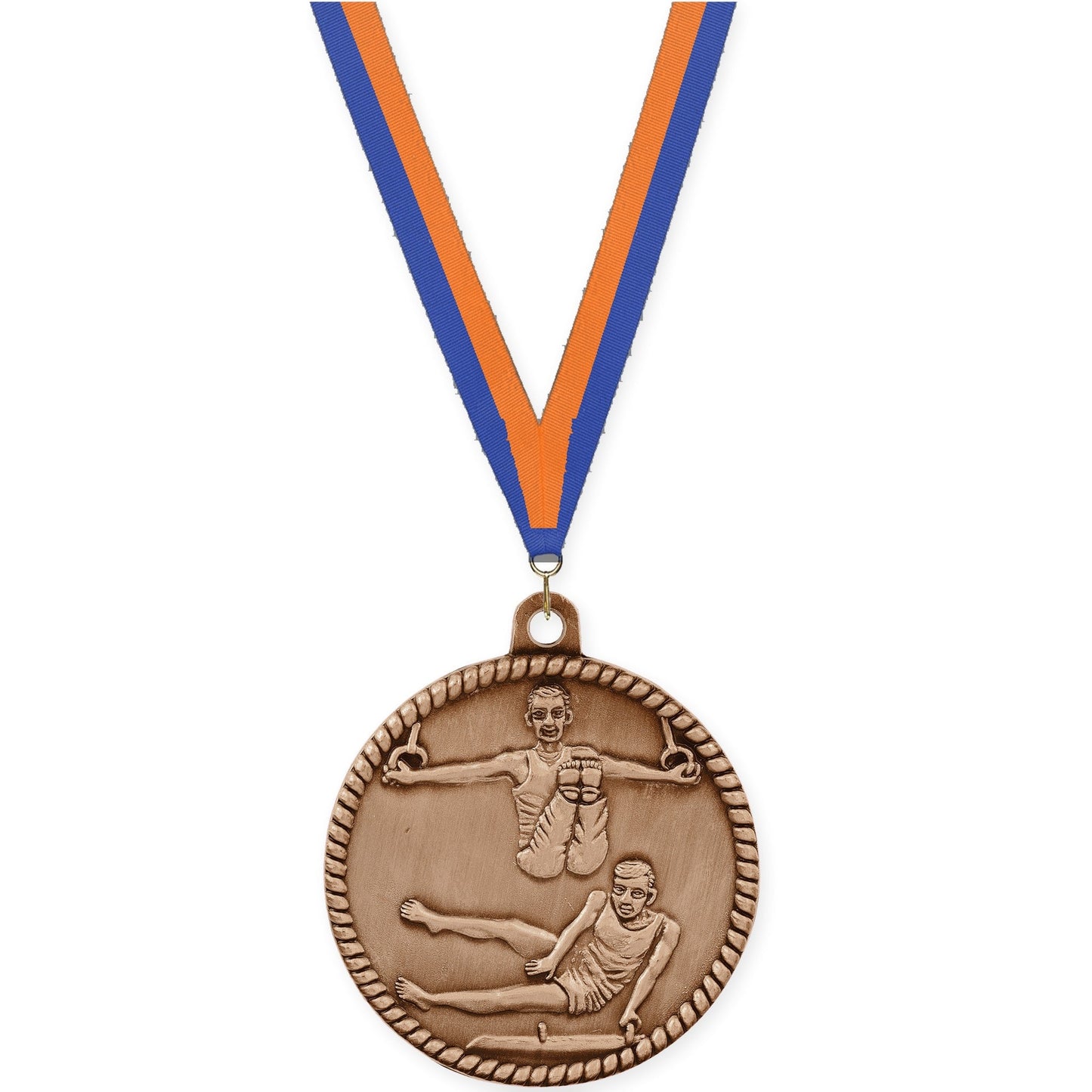 2 inch gymnastics High Relief medal in antique bronze with Blue Orange neck ribbon