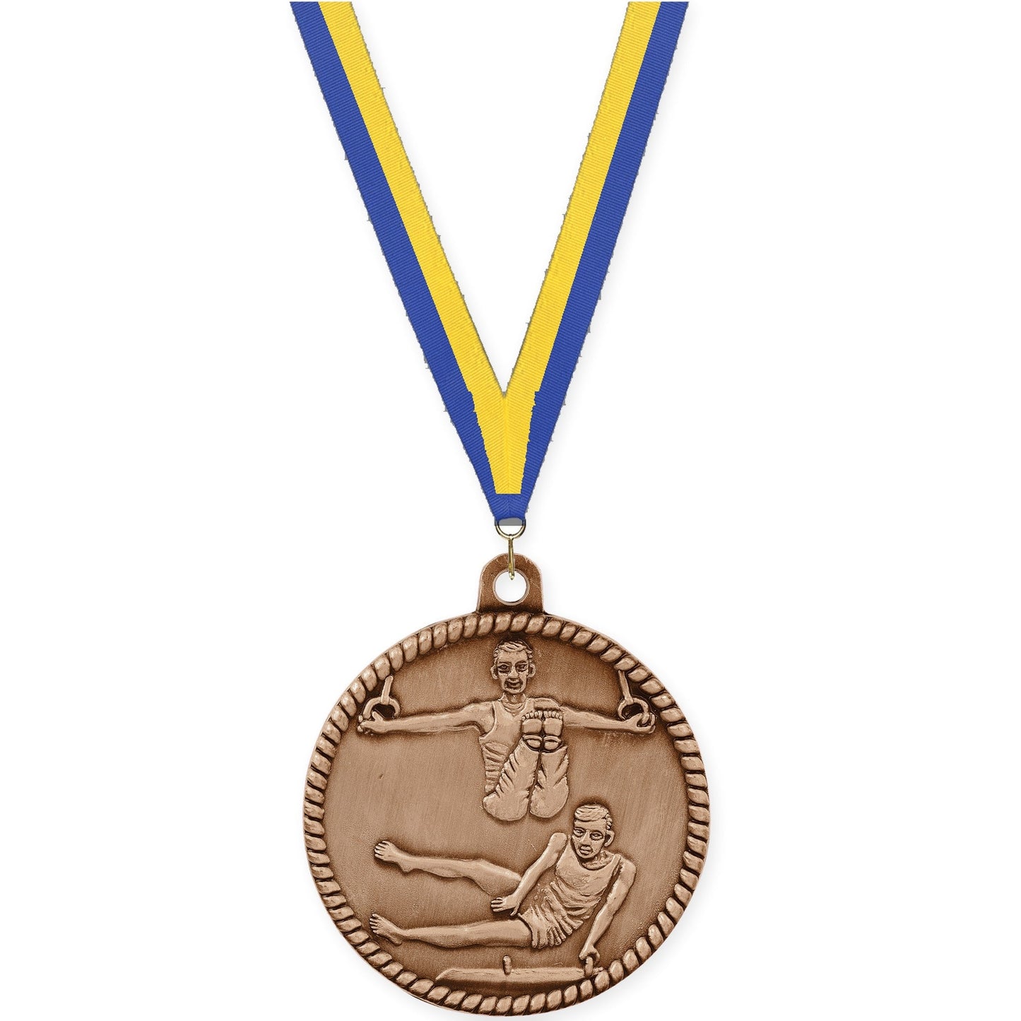 2 inch gymnastics High Relief medal in antique bronze with Blue Yellow neck ribbon