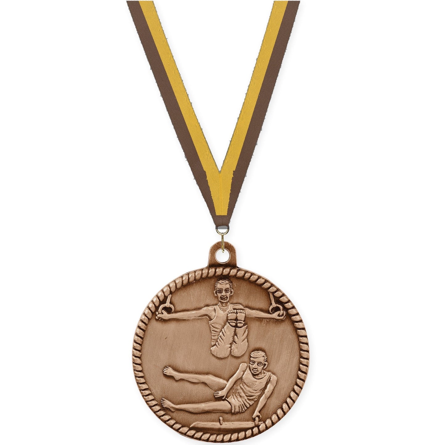 2 inch gymnastics High Relief medal in antique bronze with Brown Gold neck ribbon