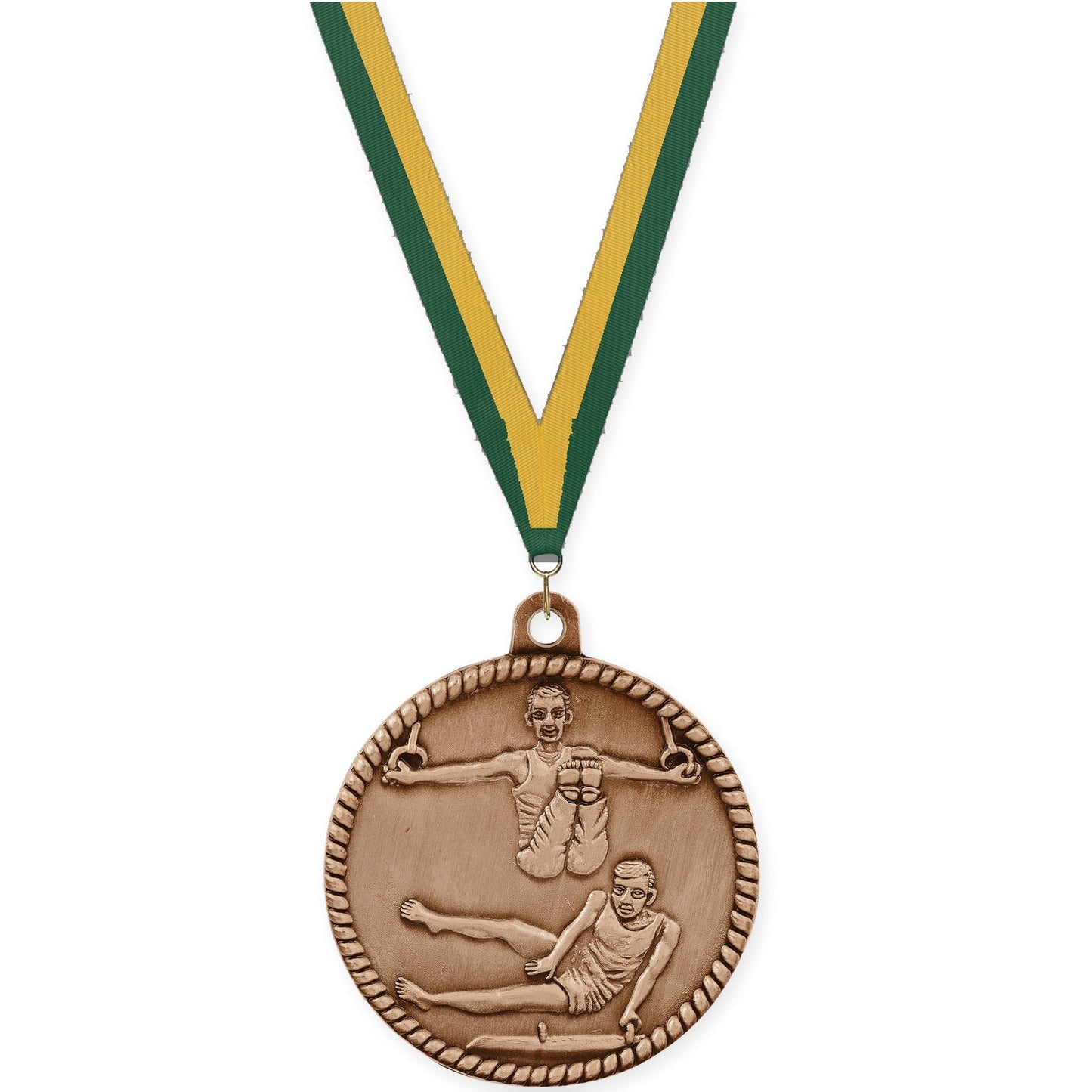 2 inch gymnastics High Relief medal in antique bronze with Hunter Green Gold neck ribbon