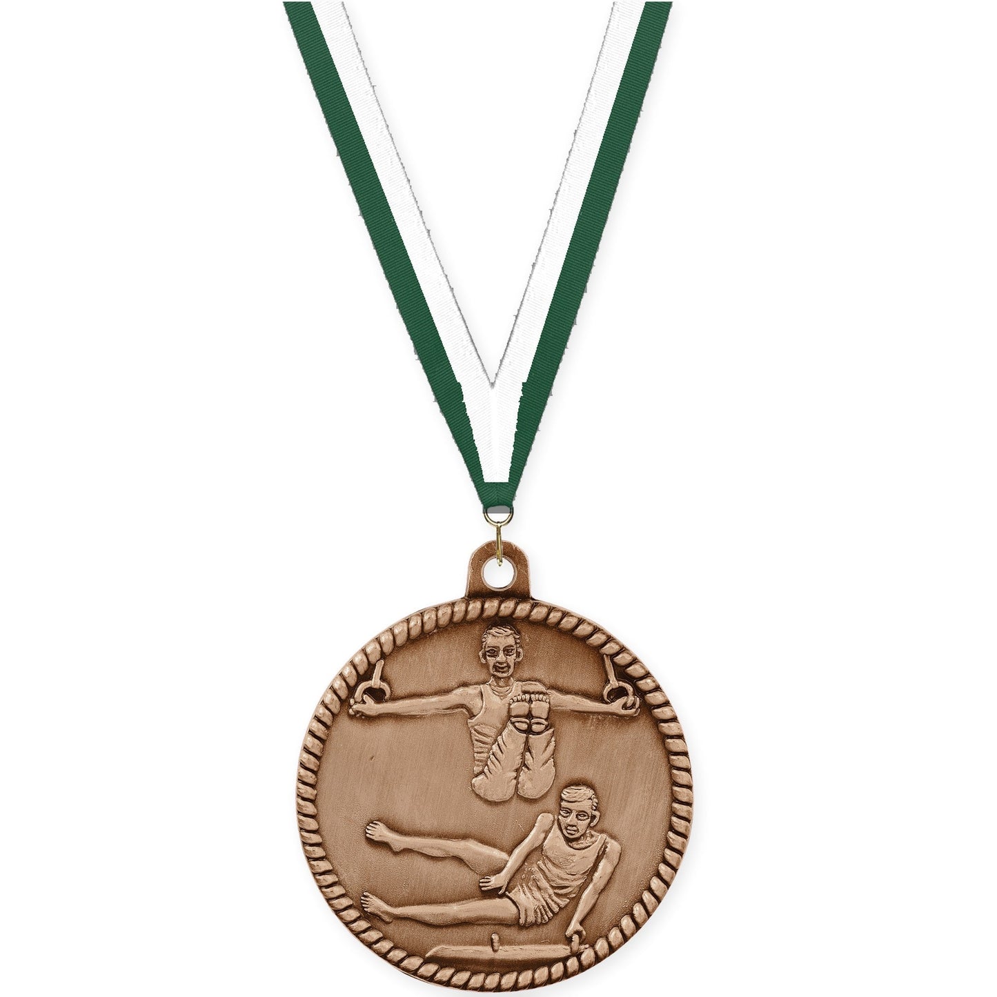2 inch gymnastics High Relief medal in antique bronze with Hunter Green White neck ribbon