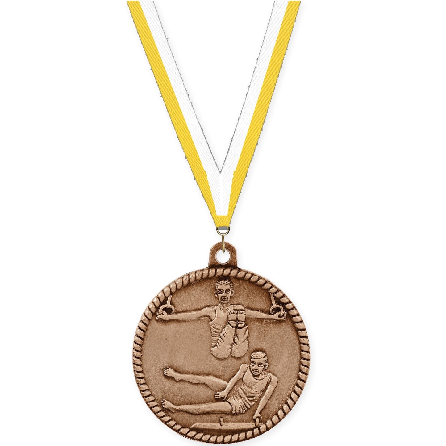 2 inch gymnastics High Relief medal in antique bronze with Yellow White neck ribbon