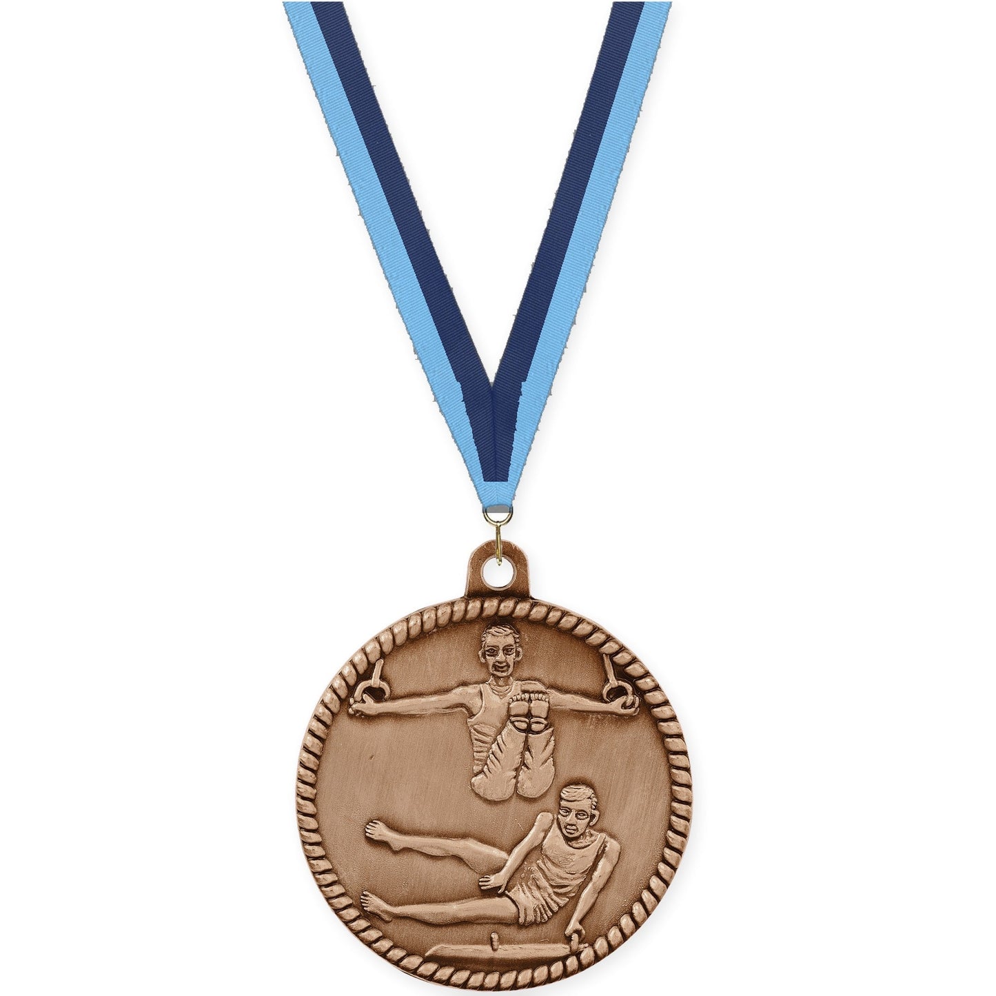 2 inch gymnastics High Relief medal in antique bronze with Light Blue Navy neck ribbon