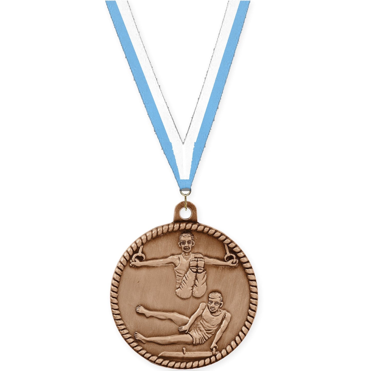 2 inch gymnastics High Relief medal in antique bronze with Light Blue White neck ribbon