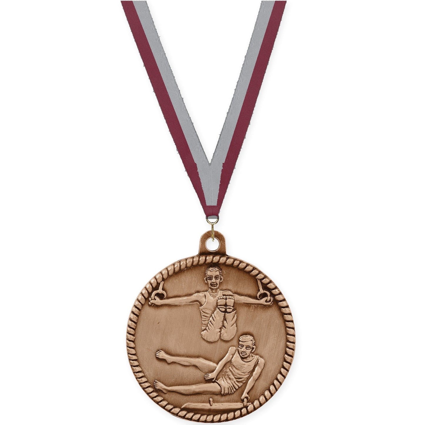 2 inch gymnastics High Relief medal in antique bronze with Maroon Gray neck ribbon