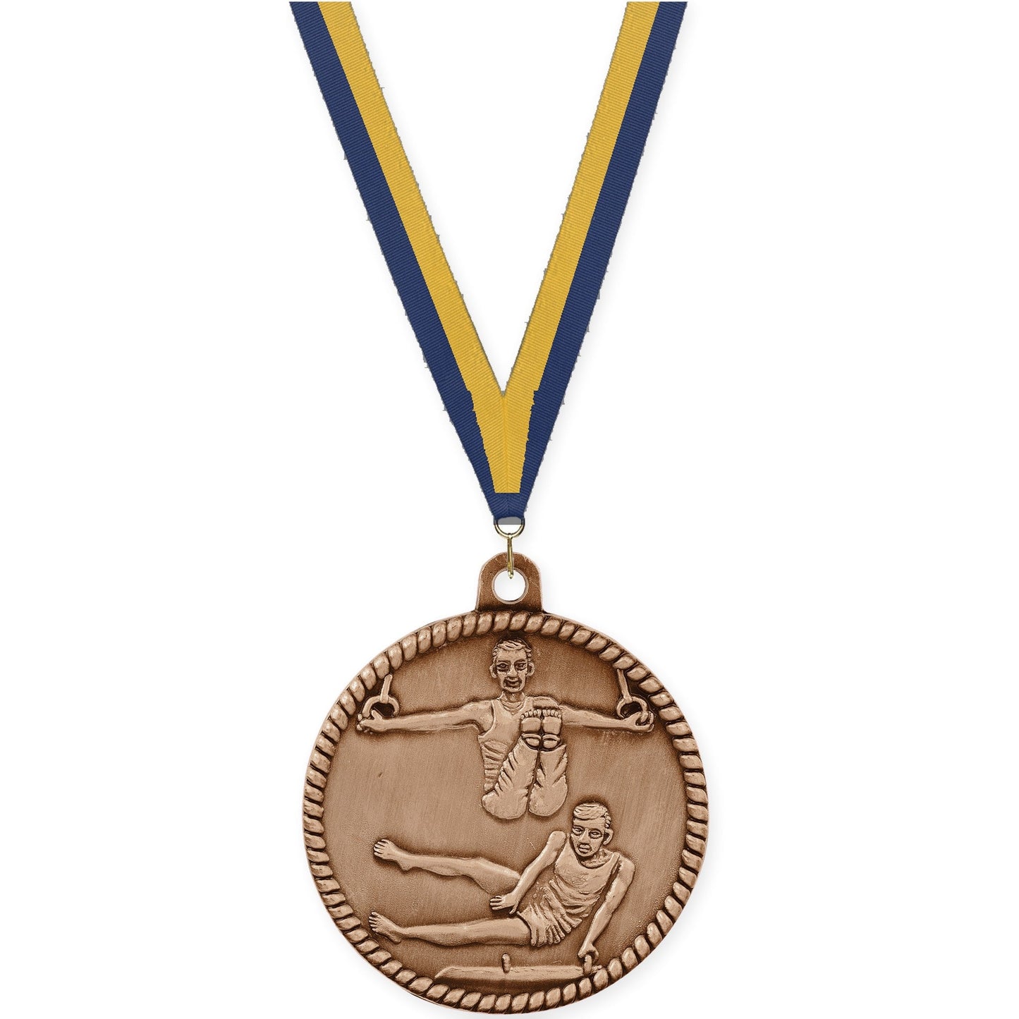 2 inch gymnastics High Relief medal in antique bronze with Navy Gold neck ribbon