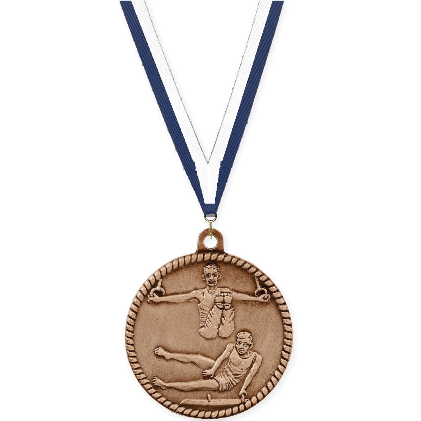 2 inch gymnastics High Relief medal in antique bronze with Navy White neck ribbon
