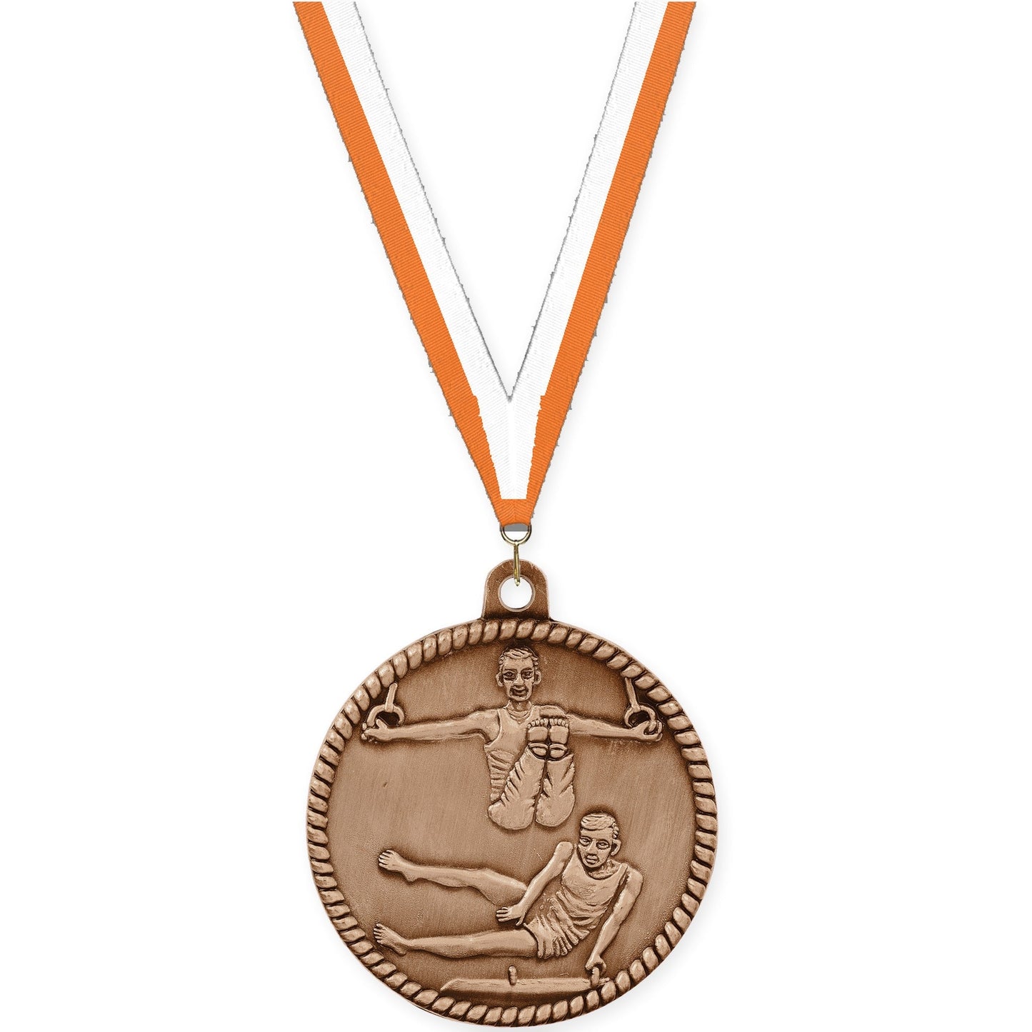 2 inch gymnastics High Relief medal in antique bronze with Orange White neck ribbon