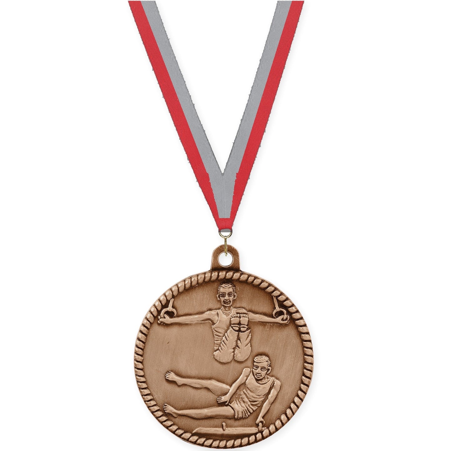2 inch gymnastics High Relief medal in antique bronze with Red Gray neck ribbon