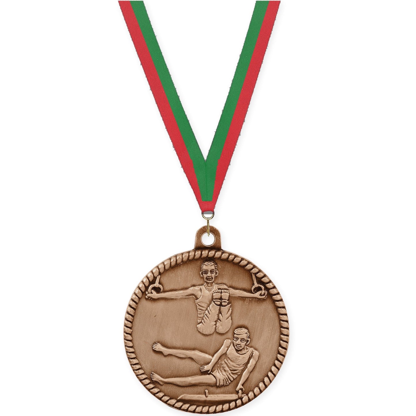 2 inch gymnastics High Relief medal in antique bronze with Red Green neck ribbon