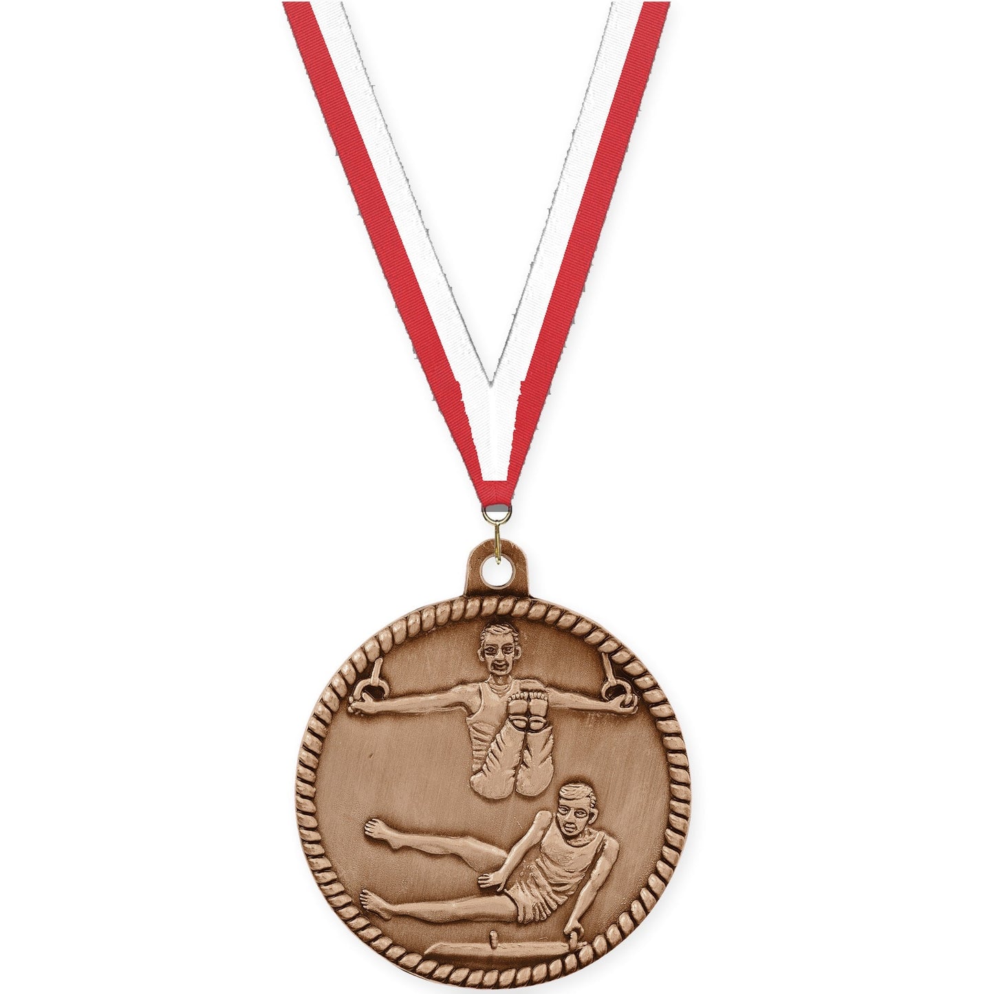 2 inch gymnastics High Relief medal in antique bronze with Red White neck ribbon