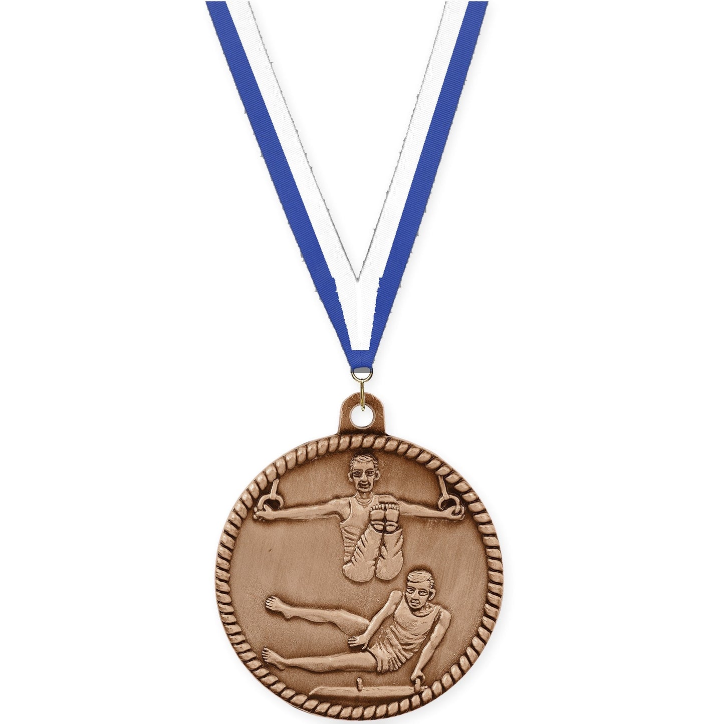 2 inch gymnastics High Relief medal in antique bronze with Blue White neck ribbon