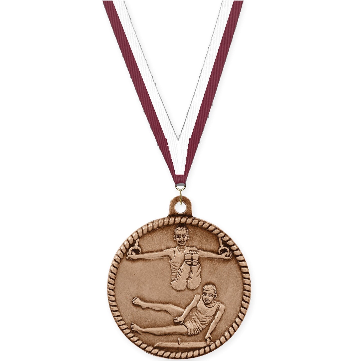 2 inch gymnastics High Relief medal in antique bronze with Maroon White neck ribbon