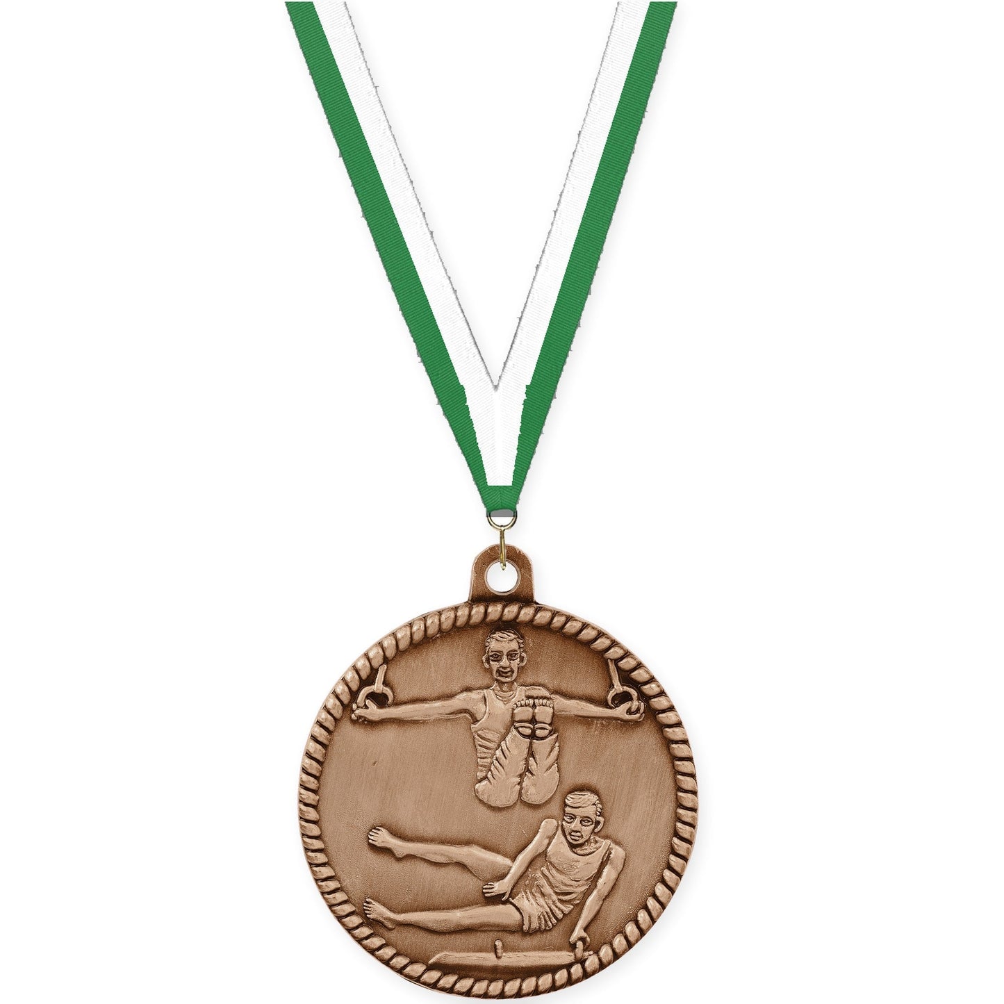 2 inch gymnastics High Relief medal in antique bronze with Green White neck ribbon