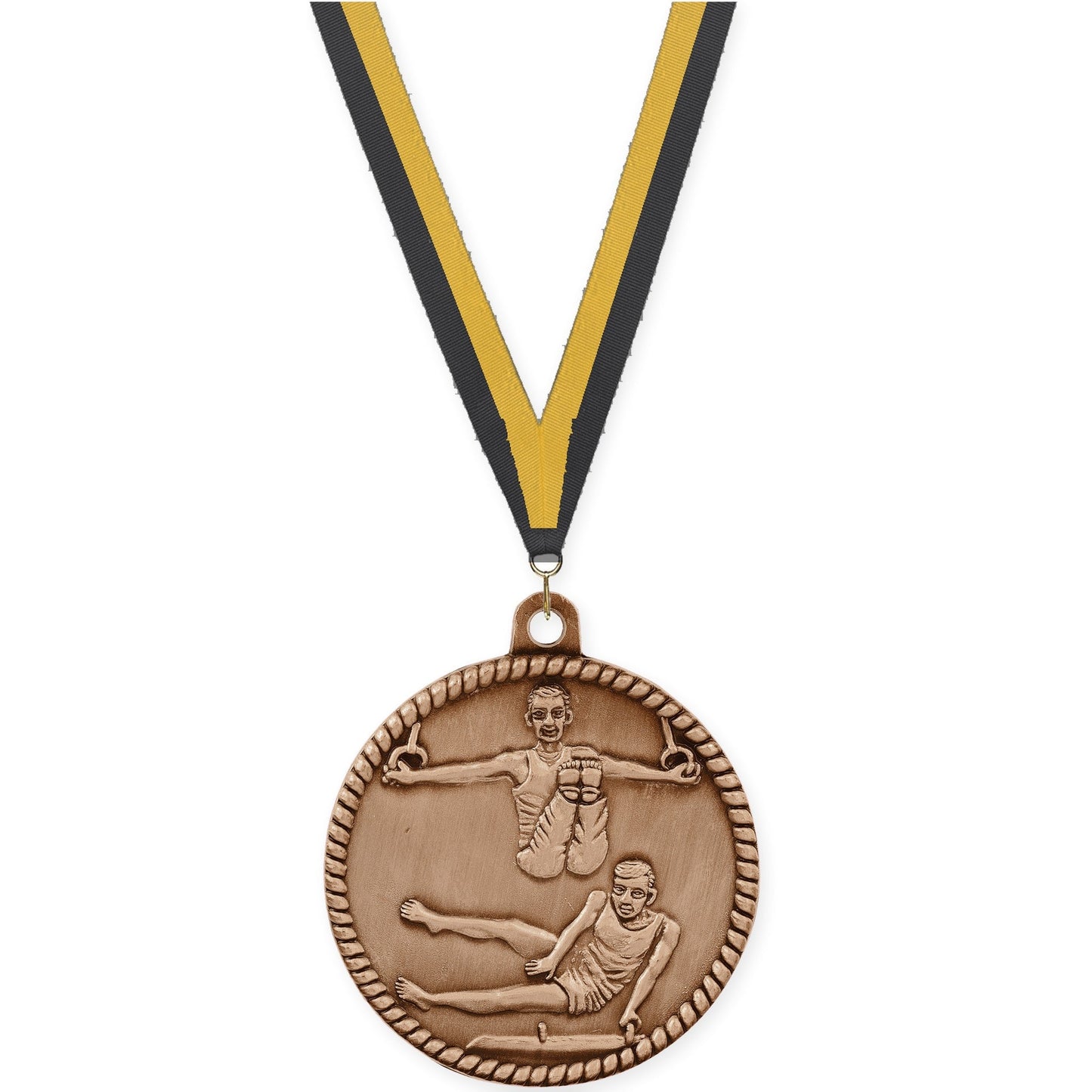 2 inch gymnastics High Relief medal in antique bronze with Black Gold neck ribbon