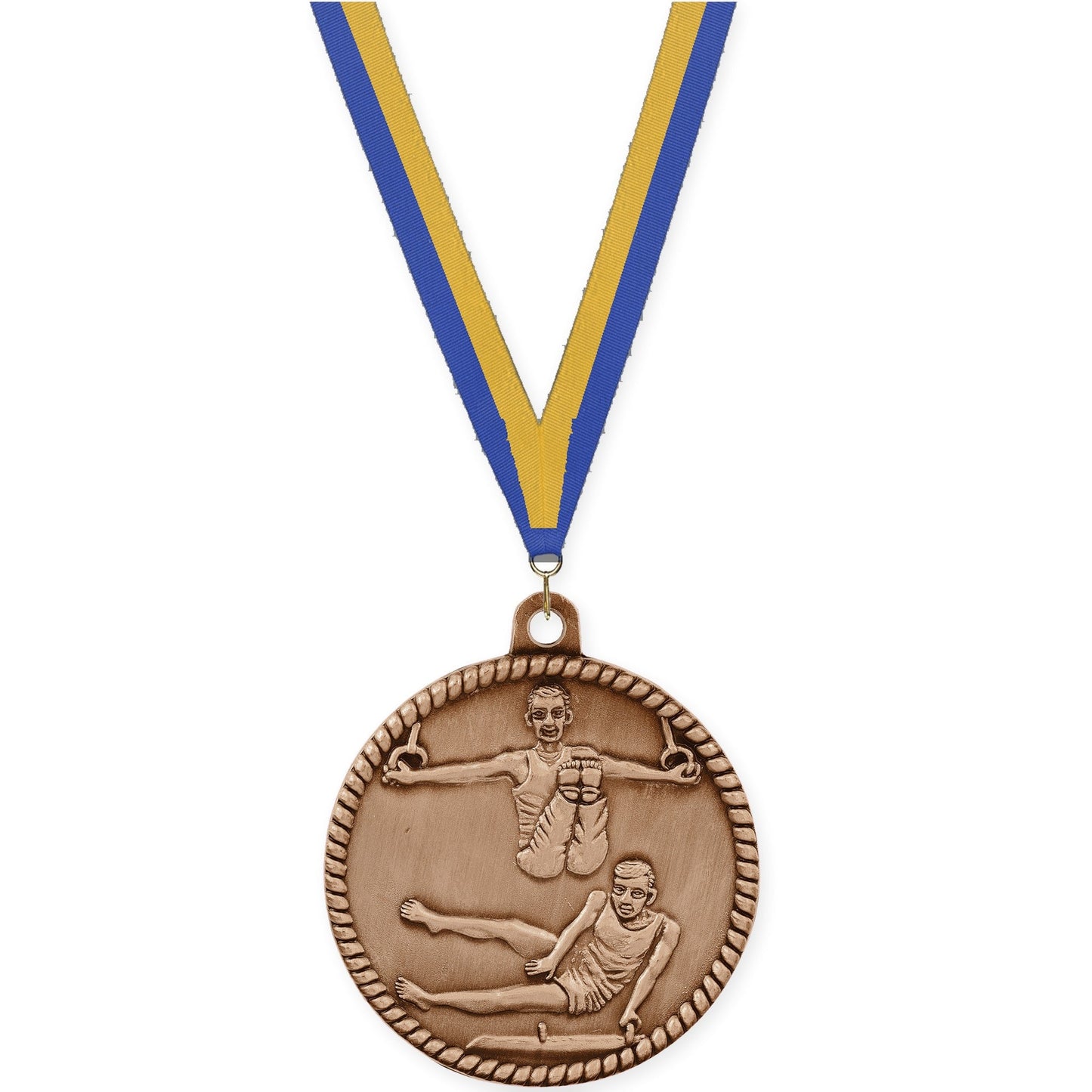 2 inch gymnastics High Relief medal in antique bronze with Blue Gold neck ribbon