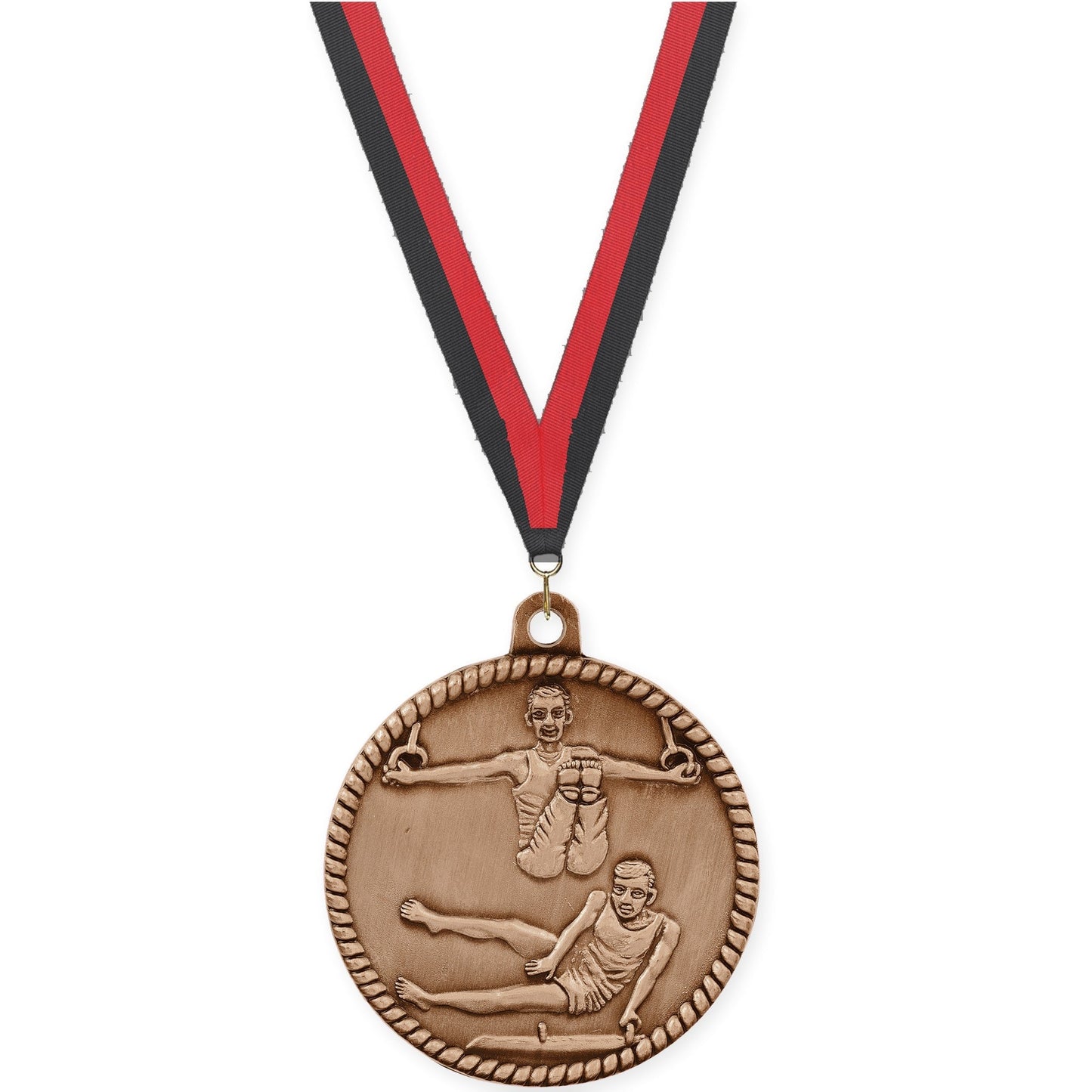 2 inch gymnastics High Relief medal in antique bronze with Black Red neck ribbon