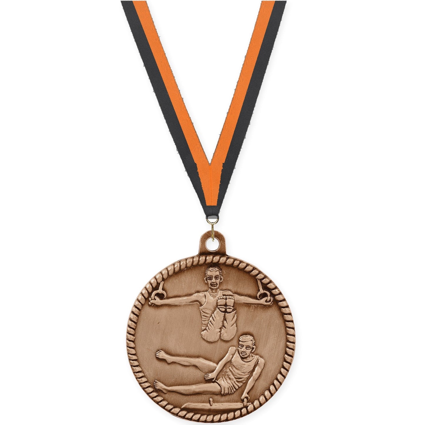 2 inch gymnastics High Relief medal in antique bronze with Black Orange neck ribbon