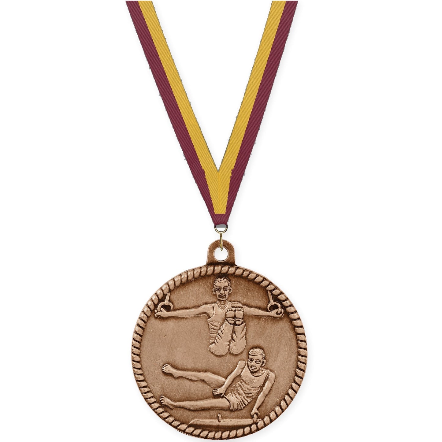 2 inch gymnastics High Relief medal in antique bronze with Maroon Gold neck ribbon