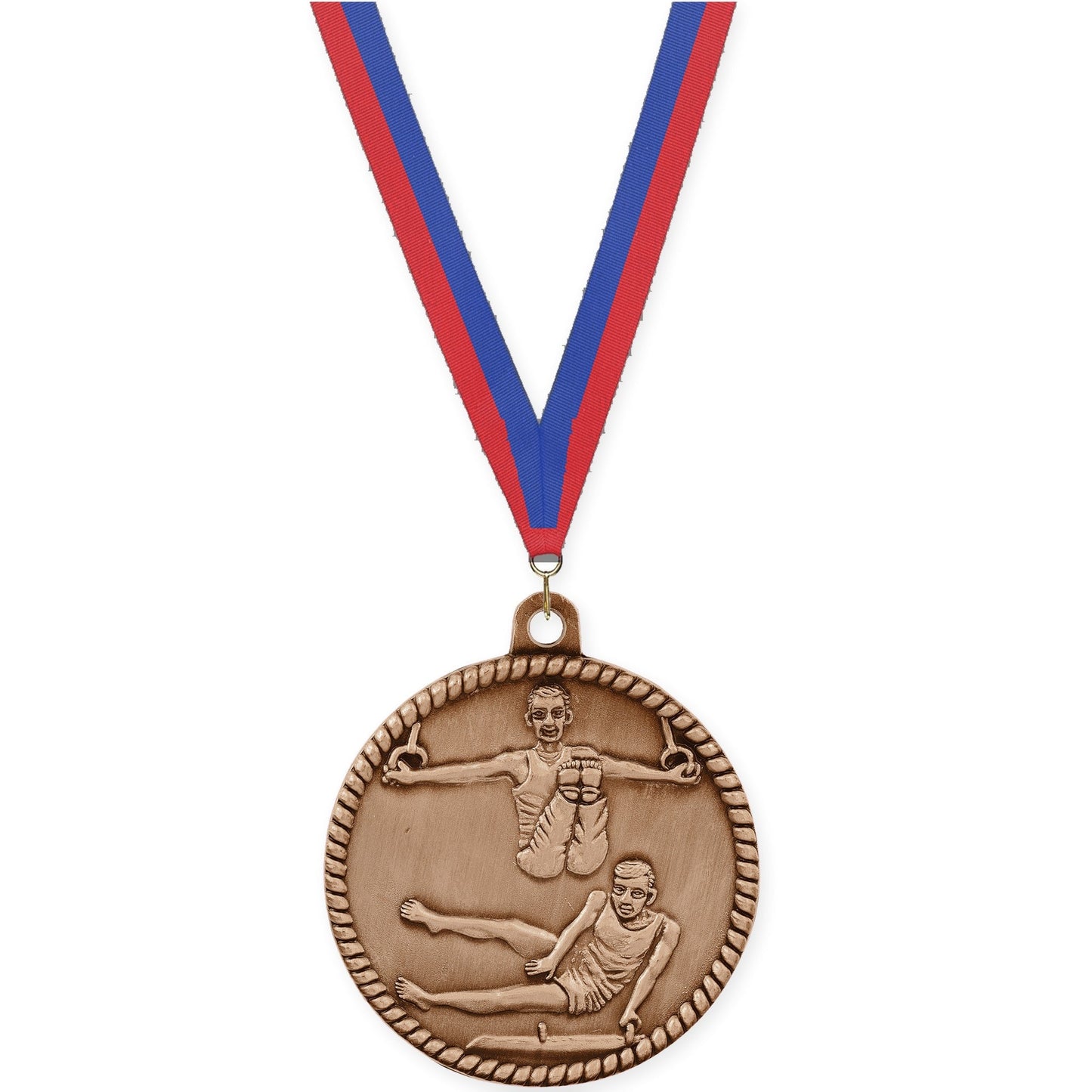 2 inch gymnastics High Relief medal in antique bronze with Blue Red neck ribbon