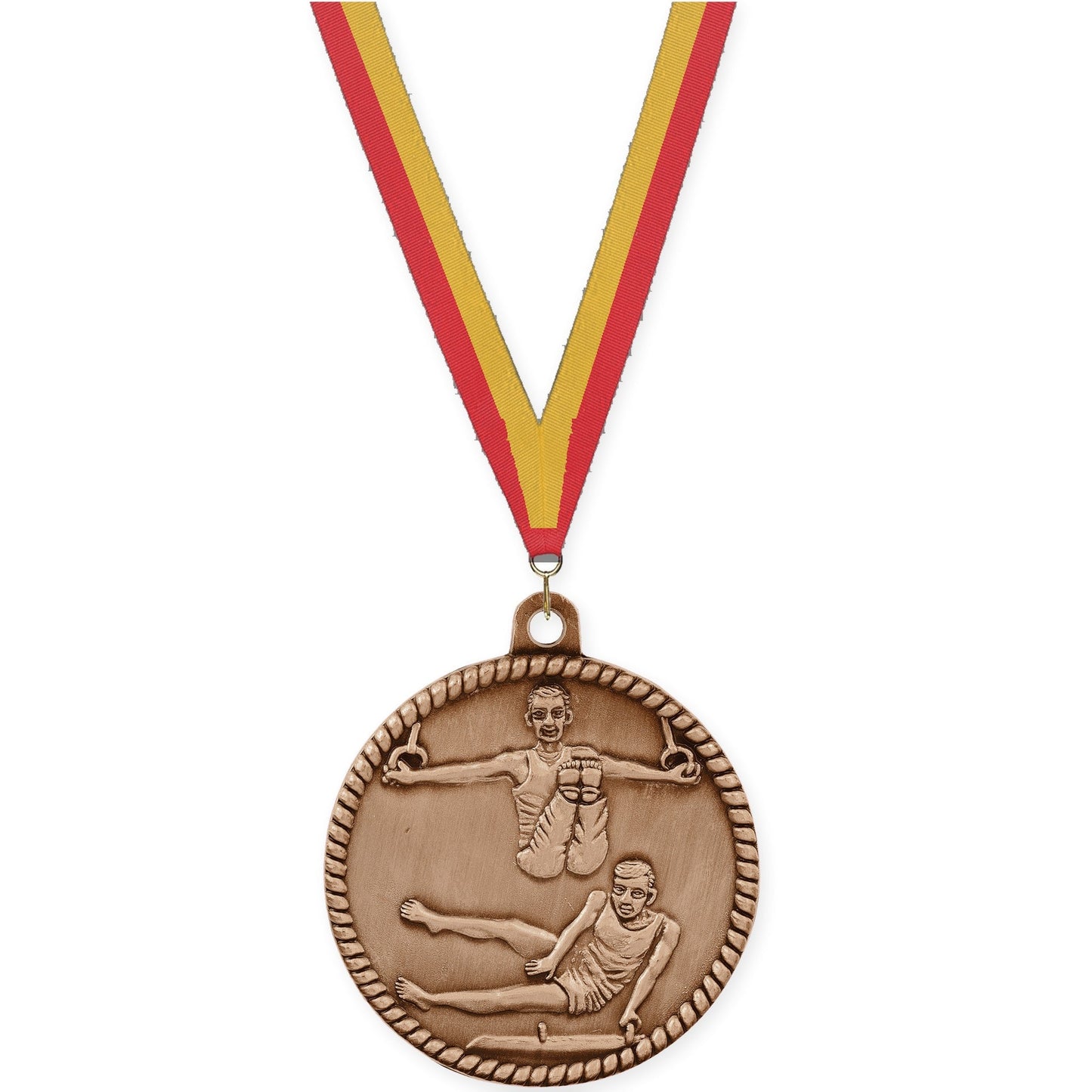 2 inch gymnastics High Relief medal in antique bronze with Red Gold neck ribbon