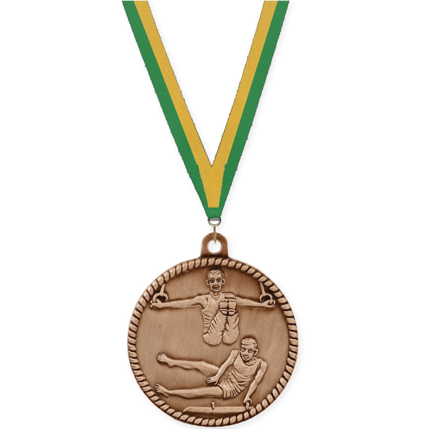 2 inch gymnastics High Relief medal in antique bronze with Green Gold neck ribbon